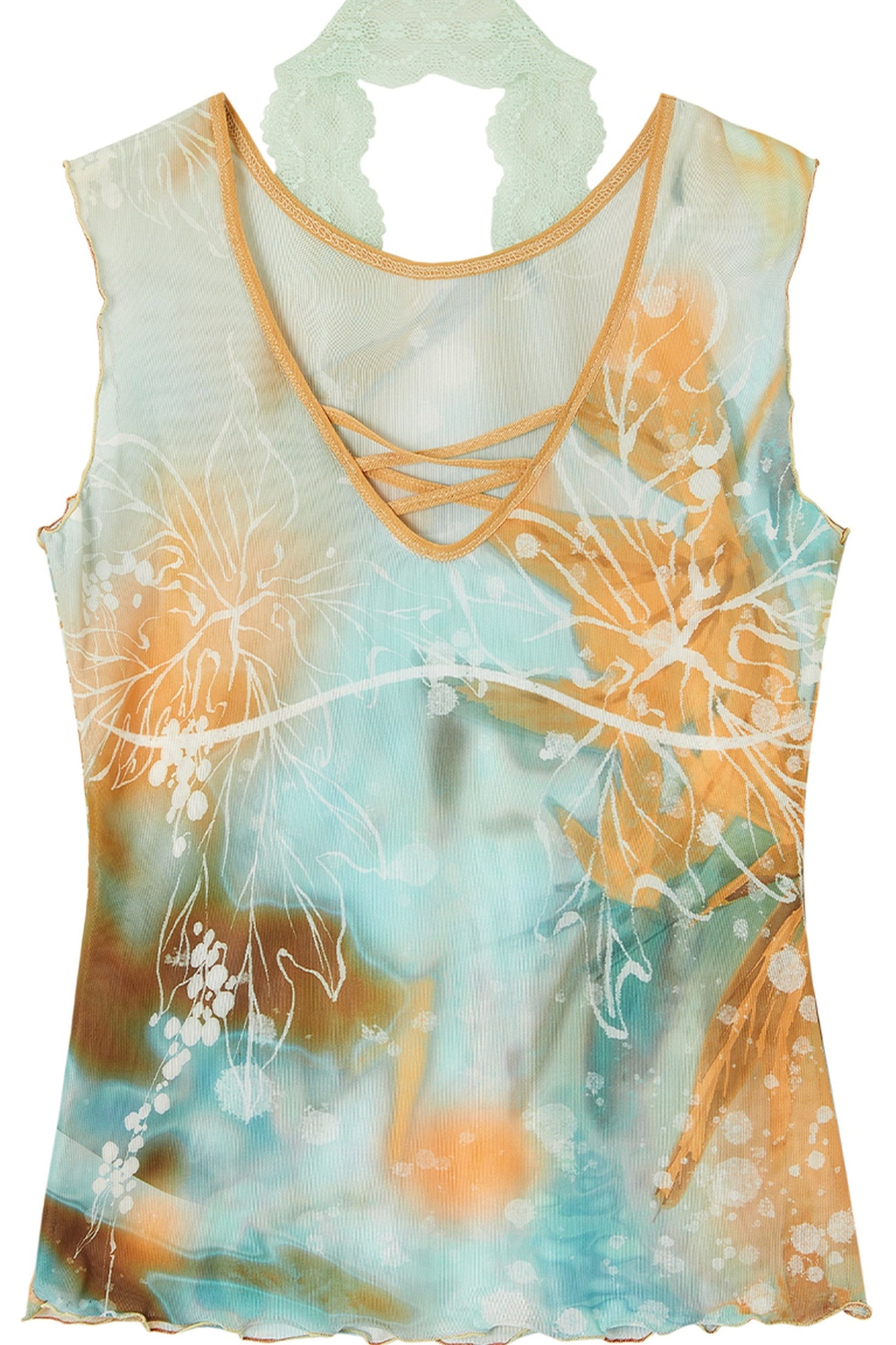 Orange Oil Painting Print Mesh Top and Skirt Set-Up