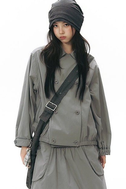 Retro Double-Breasted Workwear Jacket and Skirt Set-Up