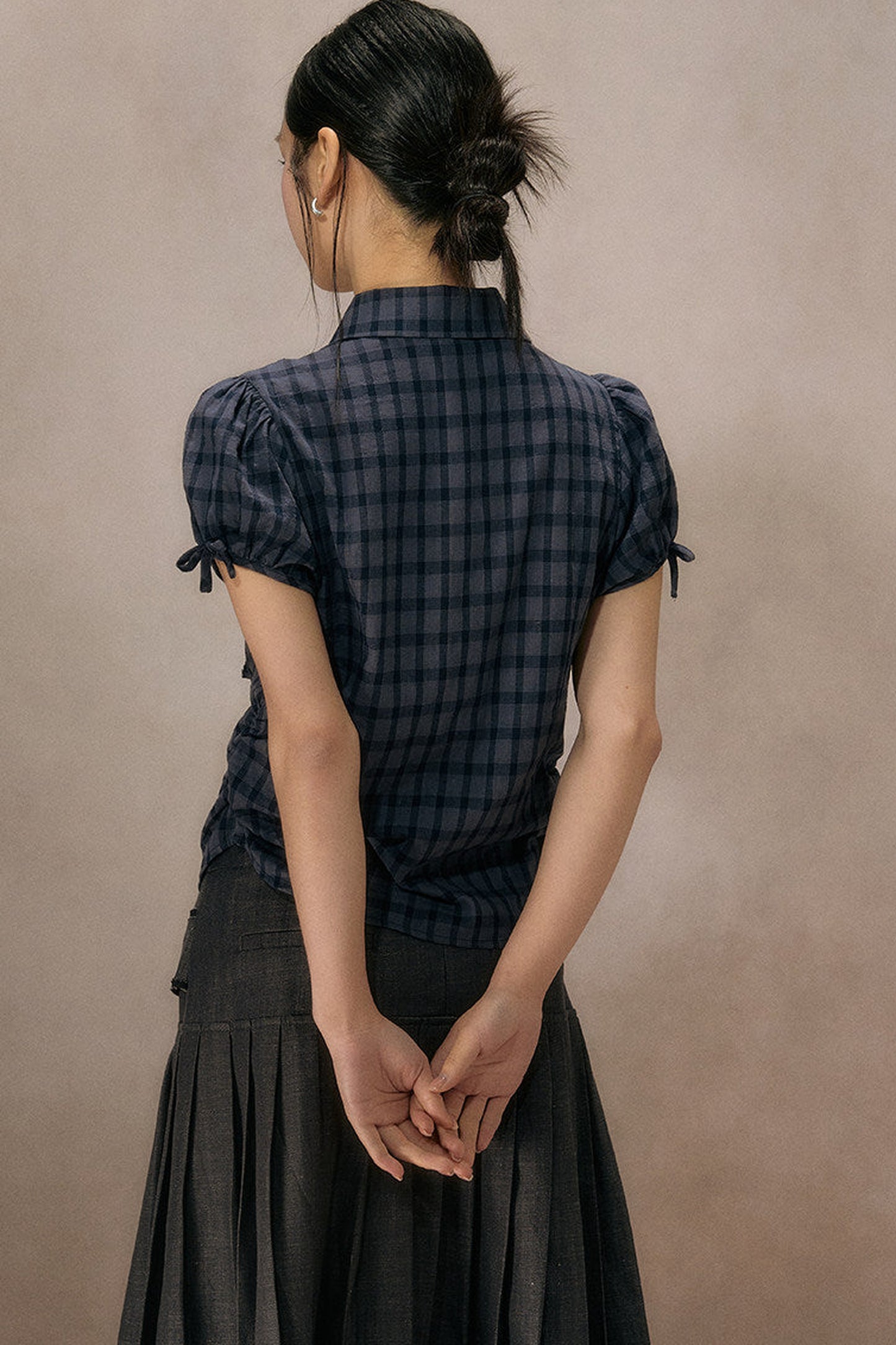 Navy Plaid Ruffled Short Sleeve Shirt