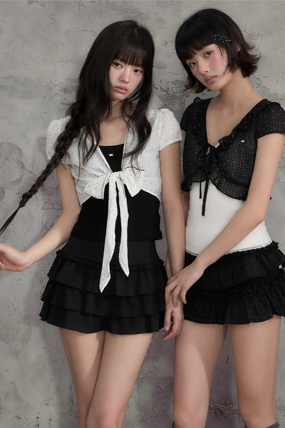 Polka Dot Bow Cardigan And Ruffle Skirt Set-Up