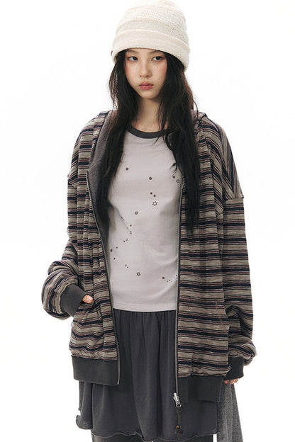 Reversible Striped Hooded Knit Cardigan