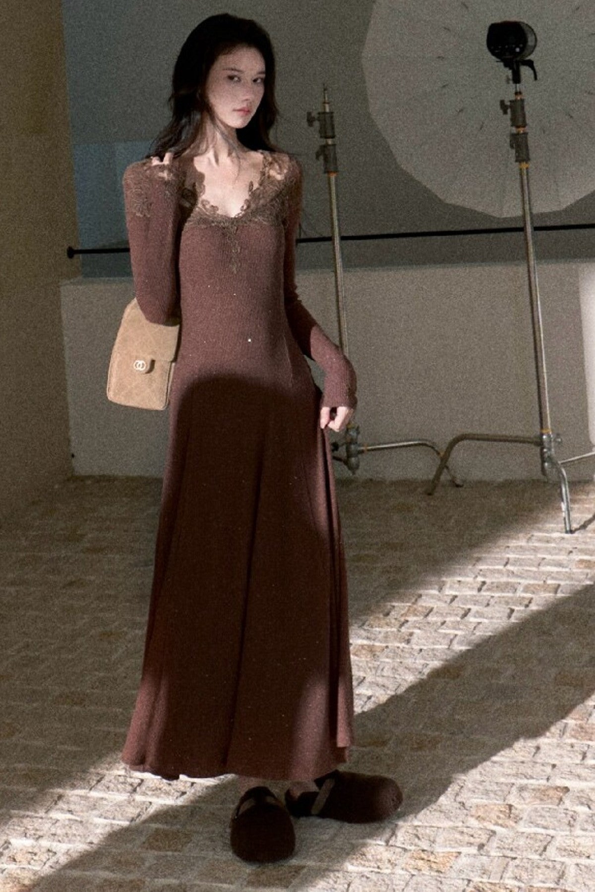 Spliced Lace Trim Long-Sleeve A-Line Dress