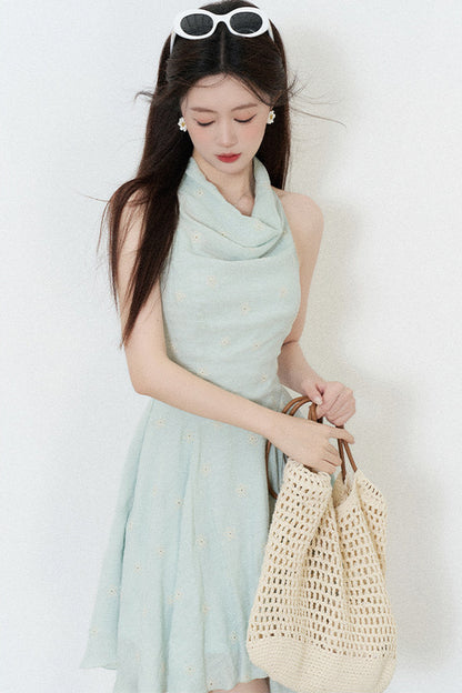 Halter Neck Sleeveless Irregular Hem Ruffle Dress