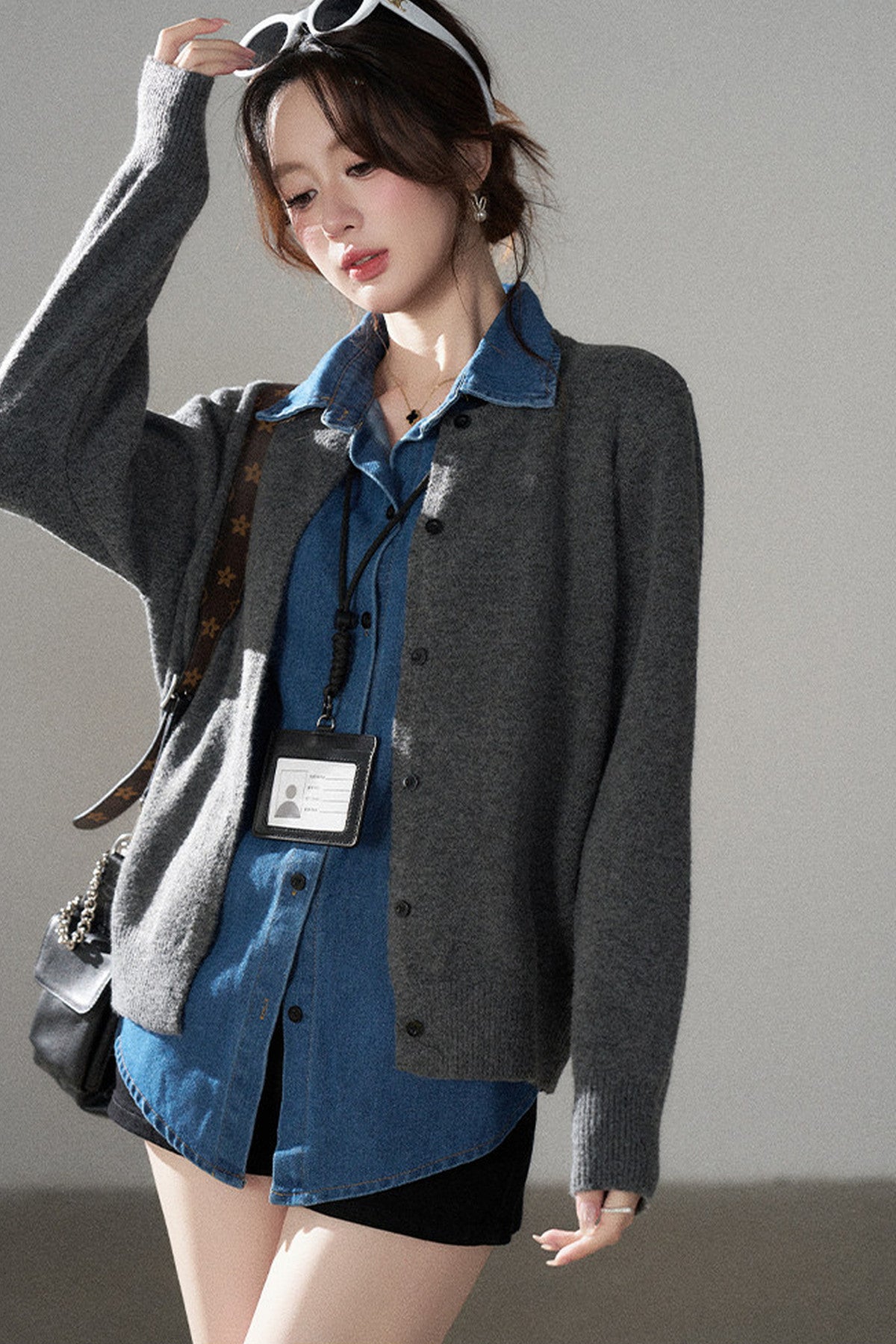 Layered-Look Denim Collar Sweater