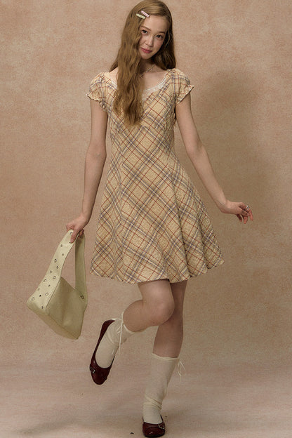 Clear Sky Plaid Lace Dress