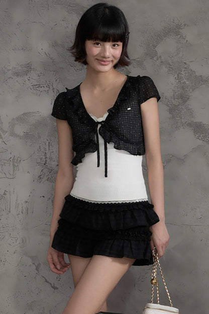 Polka Dot Mesh Ruffle Flutter Cover-Up Set-Up