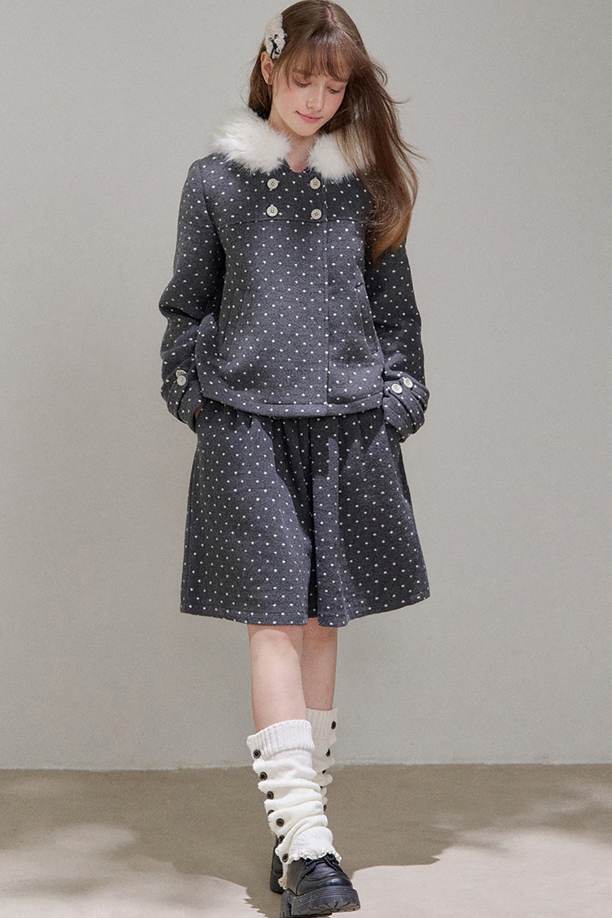 Lace Trim Fur Collar Hooded Coat