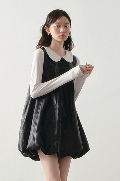 Black Leather-Like Peter Pan Dress