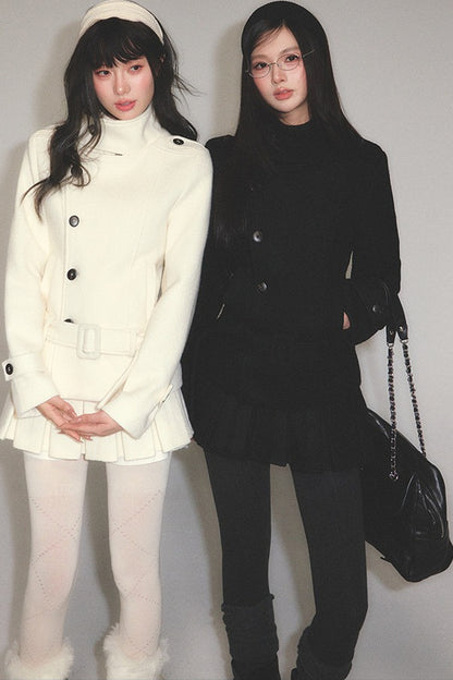 Detachable Belt Woolen Coat and Pleated Skirt Set-Up