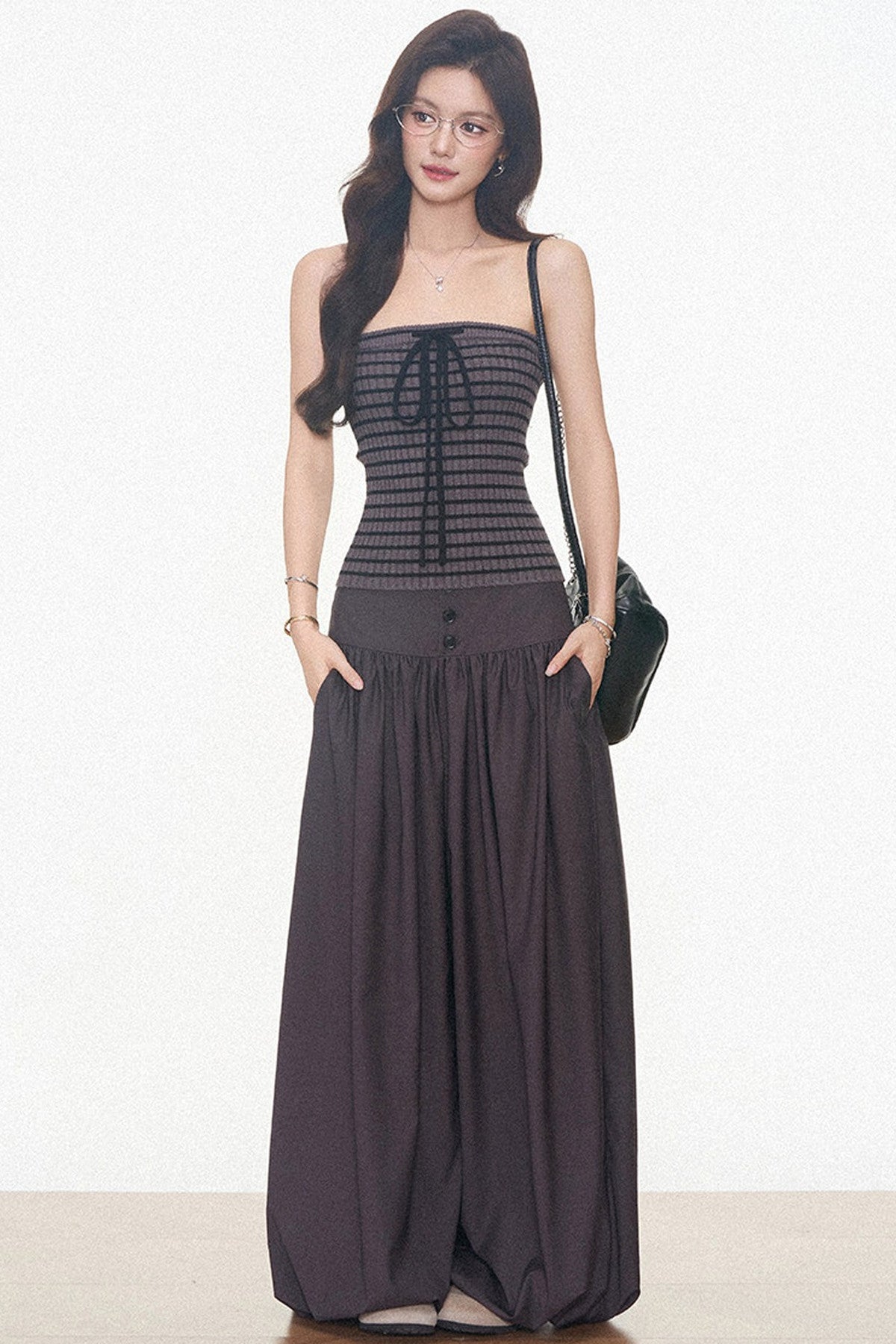 Knitted Cardigan and Tube Top and Lantern Pants Set-Up