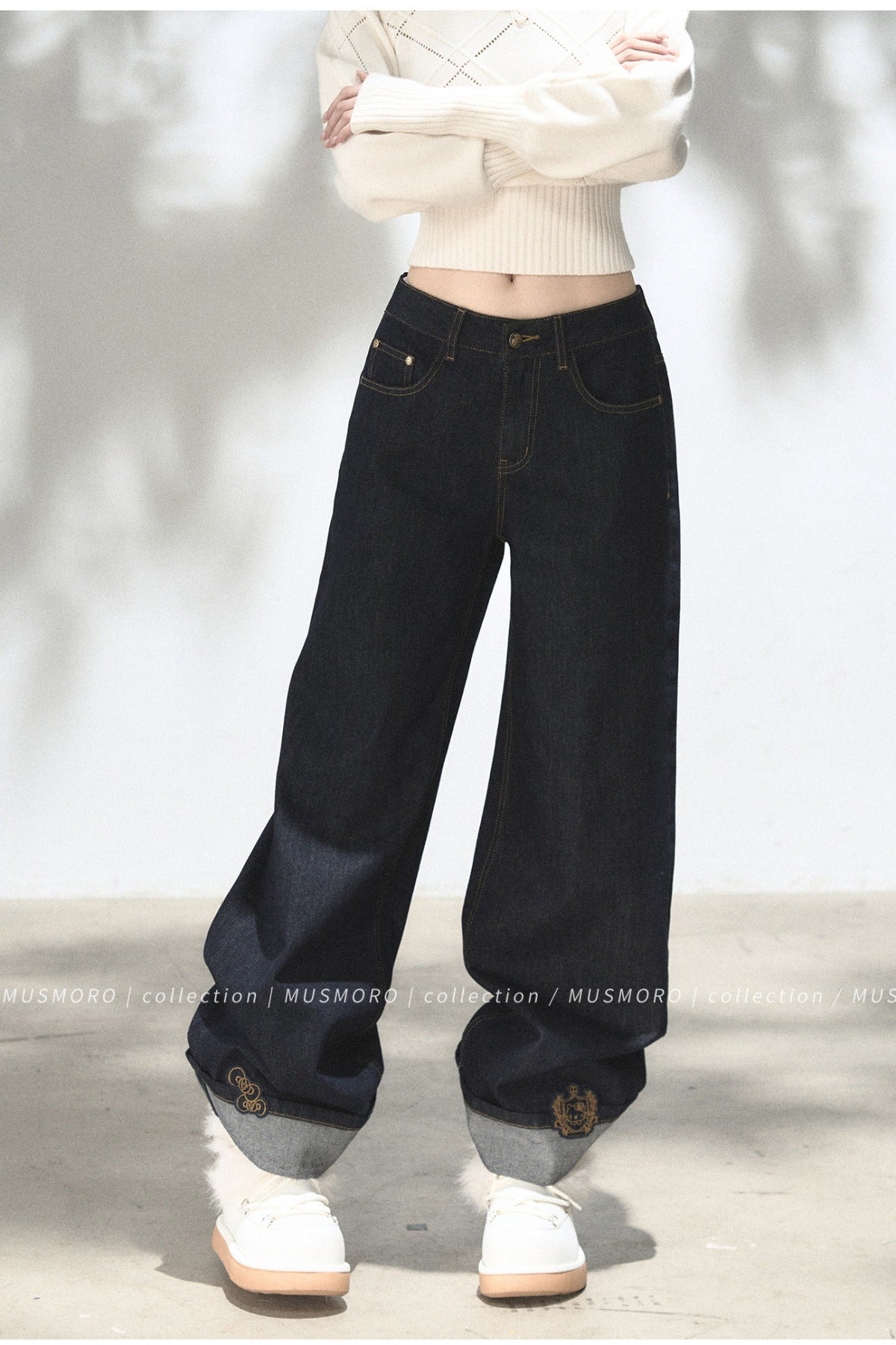 Embroidered Cat Raw Denim Jeans