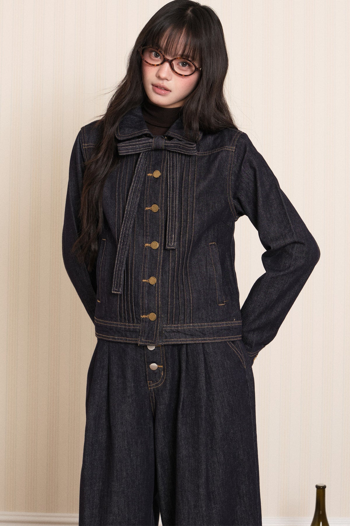 Washed Denim Lapel Tie Jacket