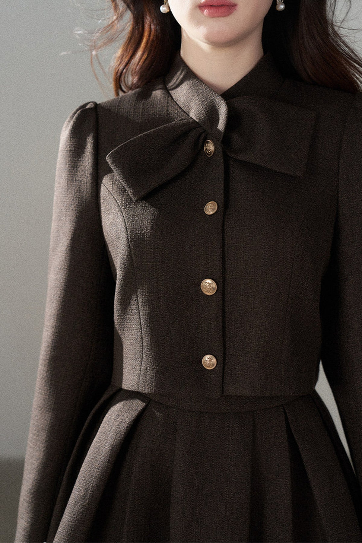 Coffee Lace Splicing Jacket and Skirt Set-Up
