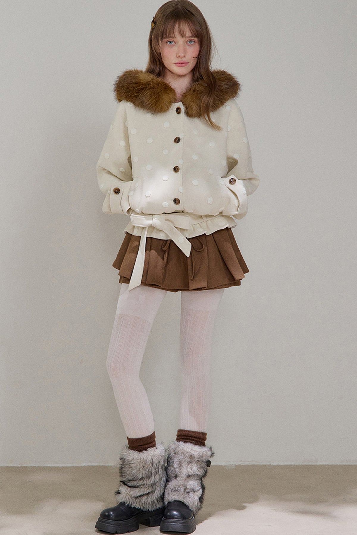 Petite Polka Dot Hooded Fur Coat