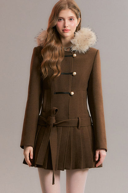 Brown Detachable Fur Collar Pleated Woolen Coat
