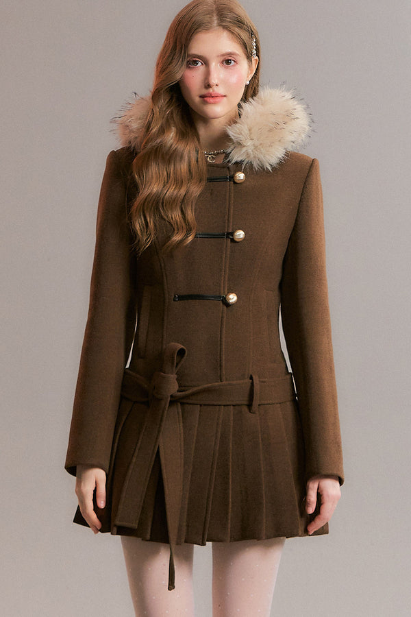 Brown Detachable Fur Collar Pleated Woolen Coat