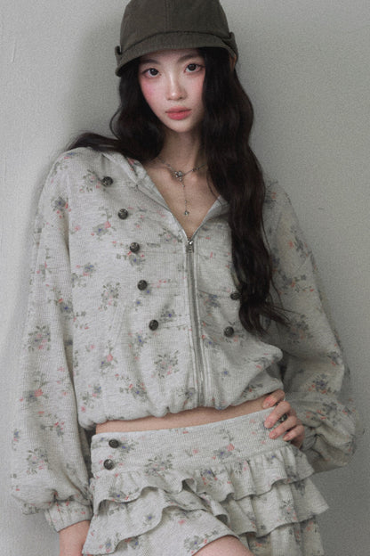 Floral Hooded Sweatshirt and Multi-Layer Cake Skirt Set