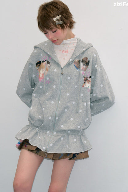Cat Polka Dot Zipper Hooded Jacket