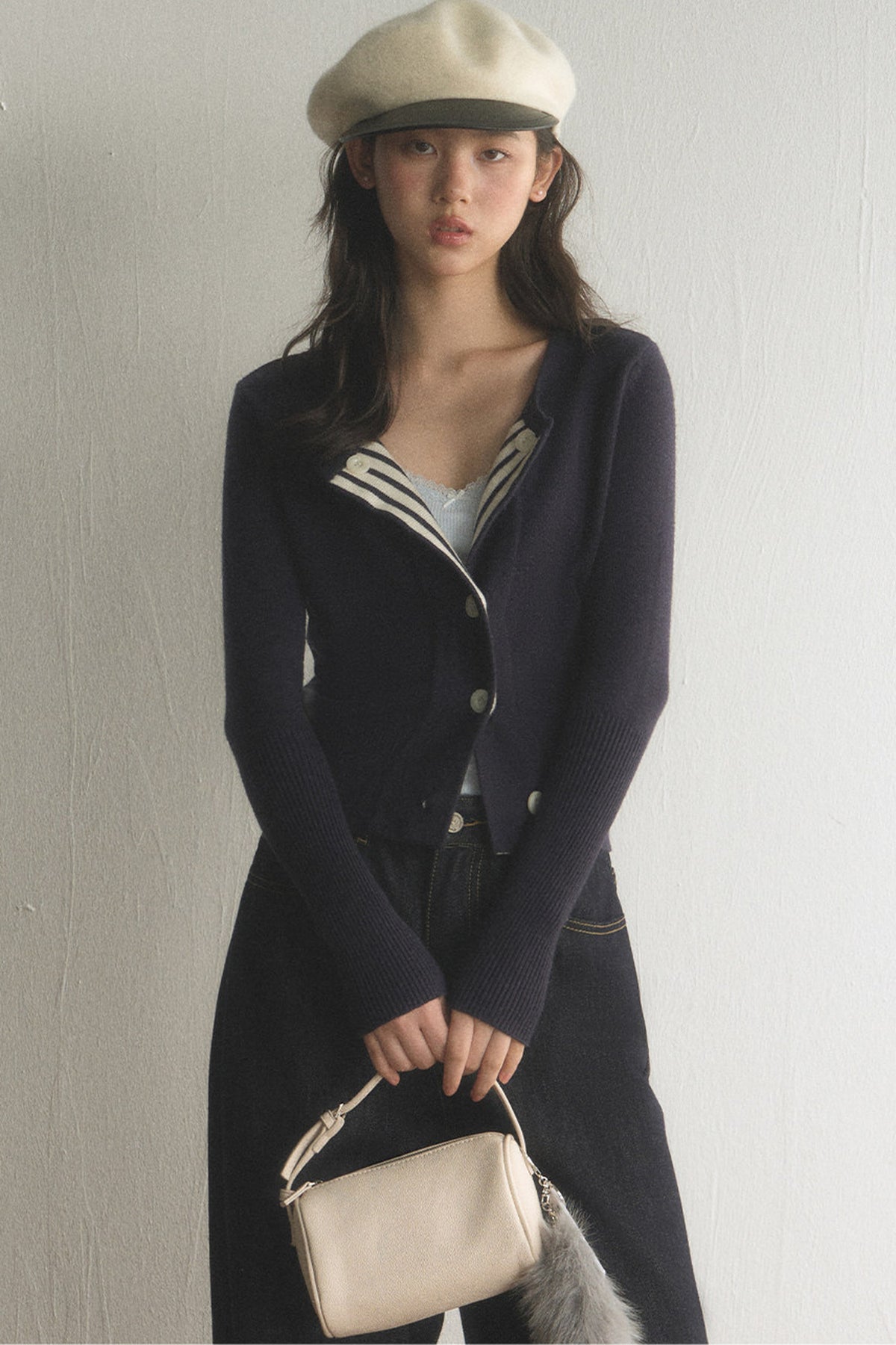 Striped Lapel Cardigan and Wide-Leg Jeans Set-Up
