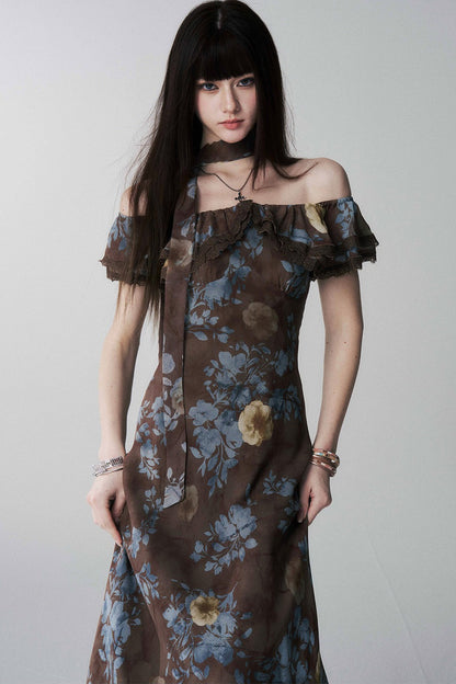 Robe une épaule à motif floral café