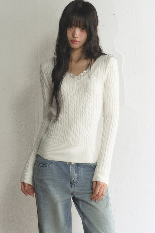 Lace Trim V-Neck Knit Top and Pants Set-Up