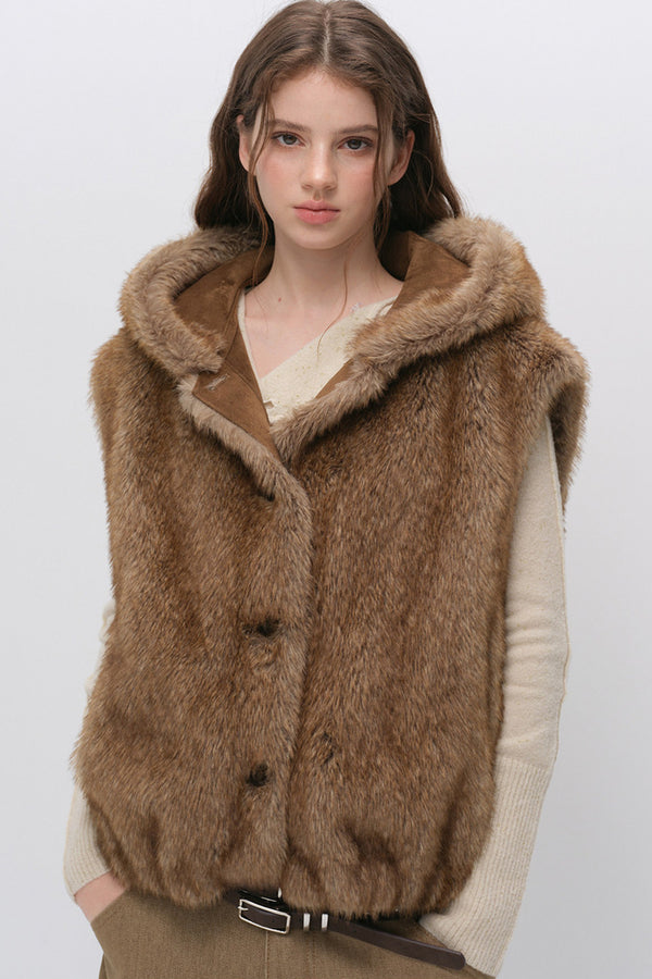 Hooded Faux Fox Fur Vest