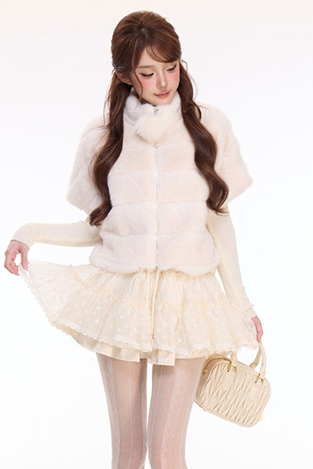 Rabbit Fur Jacket and Polka Dot Lace Skirt Set-Up