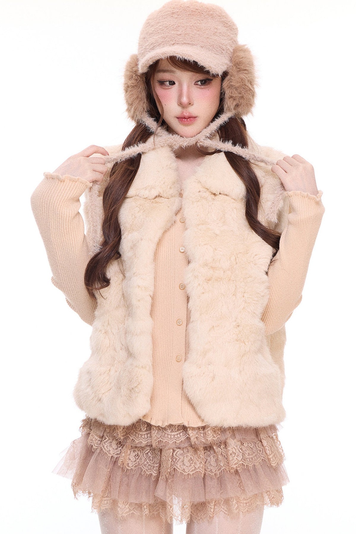Rabbit Fur Vest and Knitted Sweater Cake Skirt Set-Up