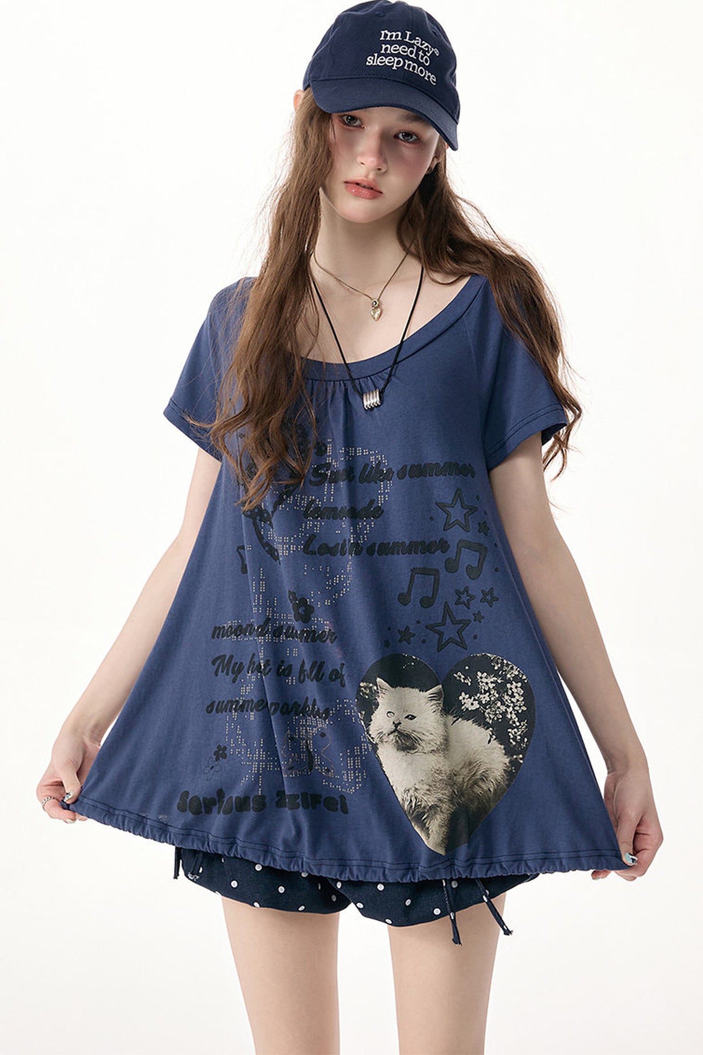 Kurzarm-T-Shirt mit Katzenprint und Kordelzug