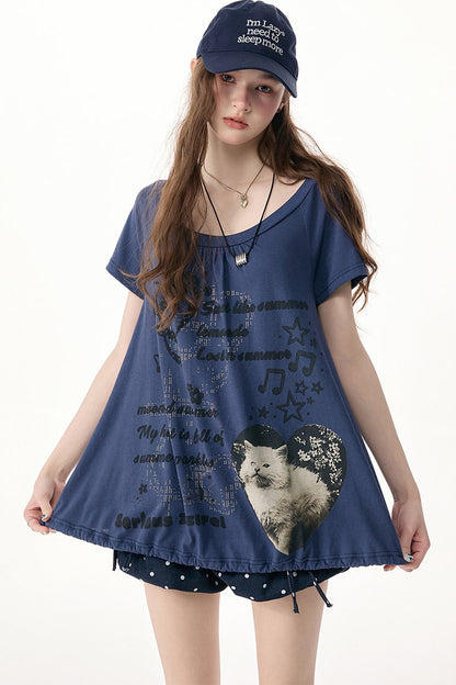 Kurzarm-T-Shirt mit Katzenprint und Kordelzug