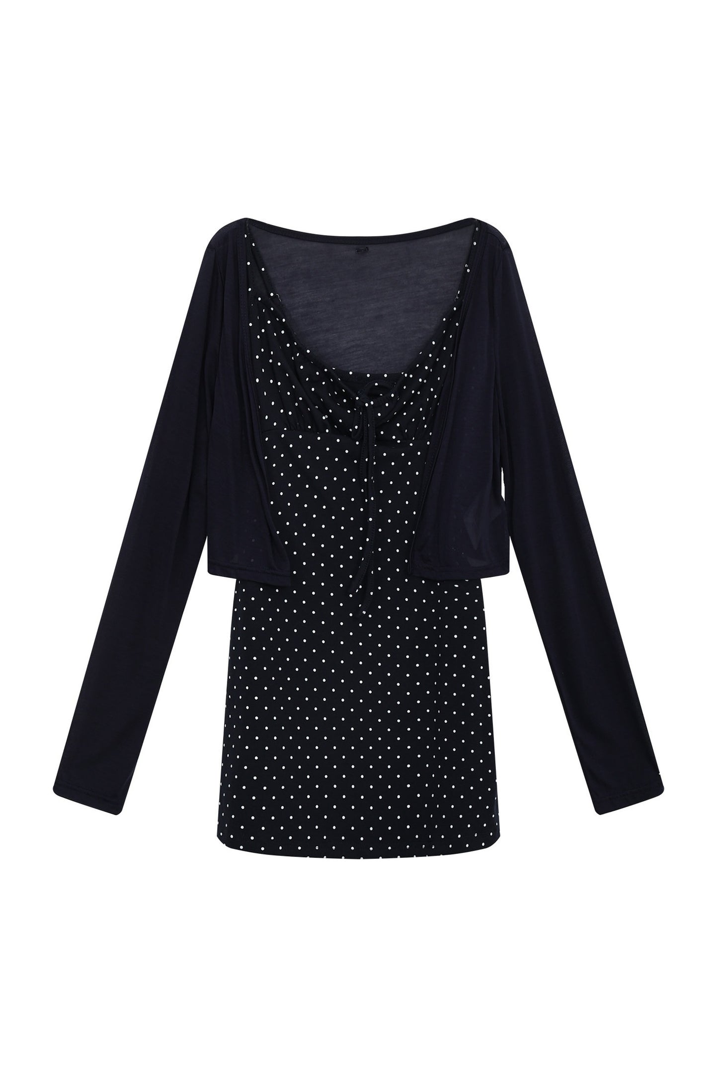 Navy Polka Dot Suspender Dress With Cardigan