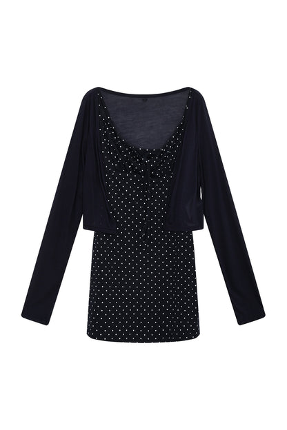 Navy Polka Dot Suspender Dress With Cardigan
