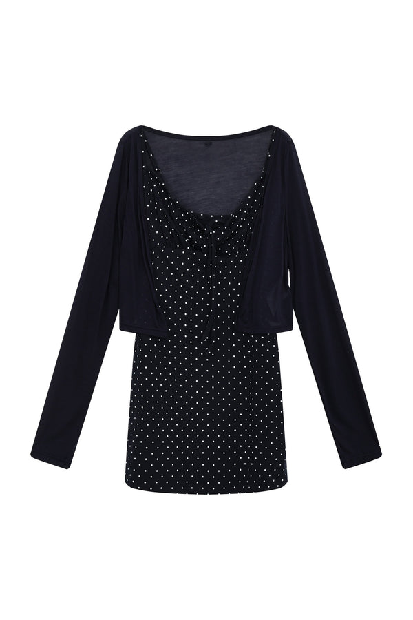 Navy Polka Dot Suspender Dress With Cardigan