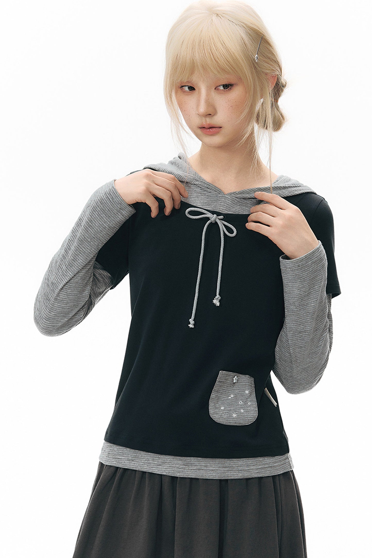 Layered-Look Hooded Long-Sleeve Top