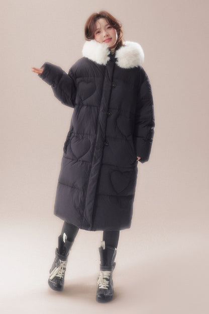 Long Heart Quilted Fur Collar Down Coat