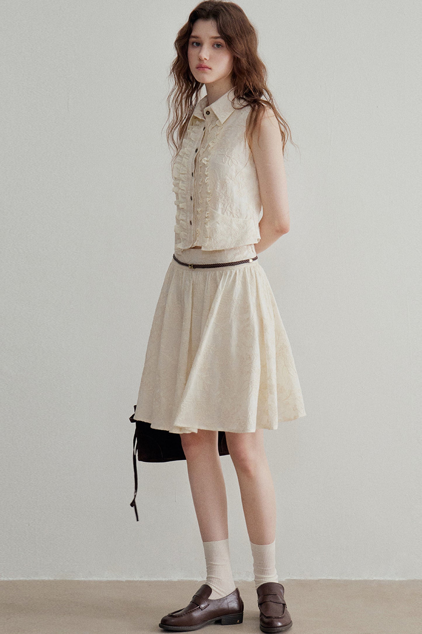 Ruffle Sleeveless Shirt Vest and Skirt Set-Up