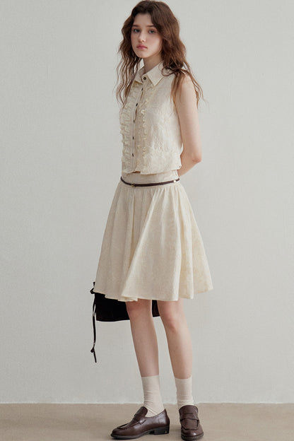 Ruffle Sleeveless Shirt Vest and Skirt Set-Up
