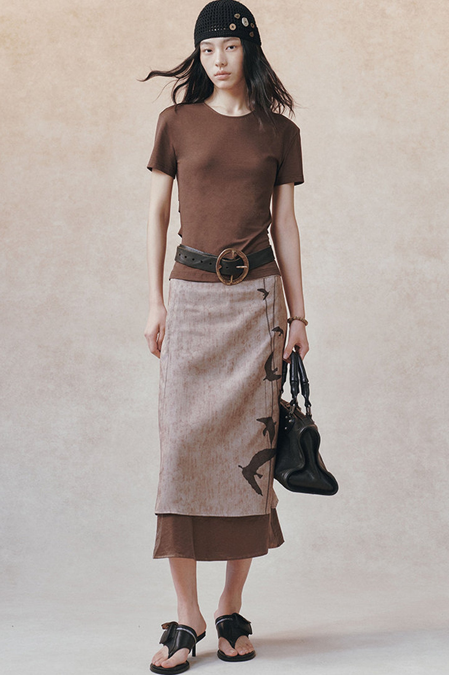 Straight Color-Block Bird Line Print Skirt