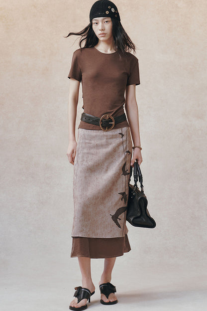 Straight Color-Block Bird Line Print Skirt
