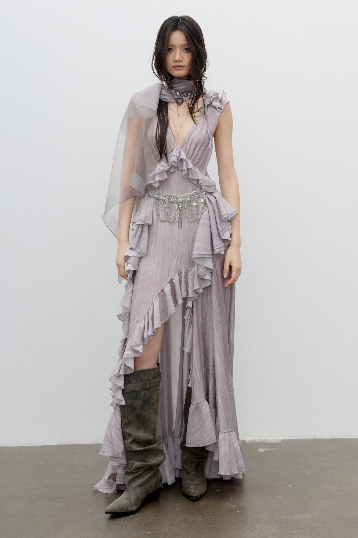 Dirty Pink Irregular Ruffle Strap Dress