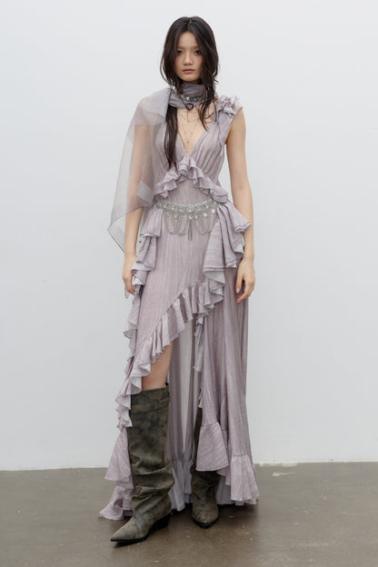 Dirty Pink Irregular Ruffle Strap Dress