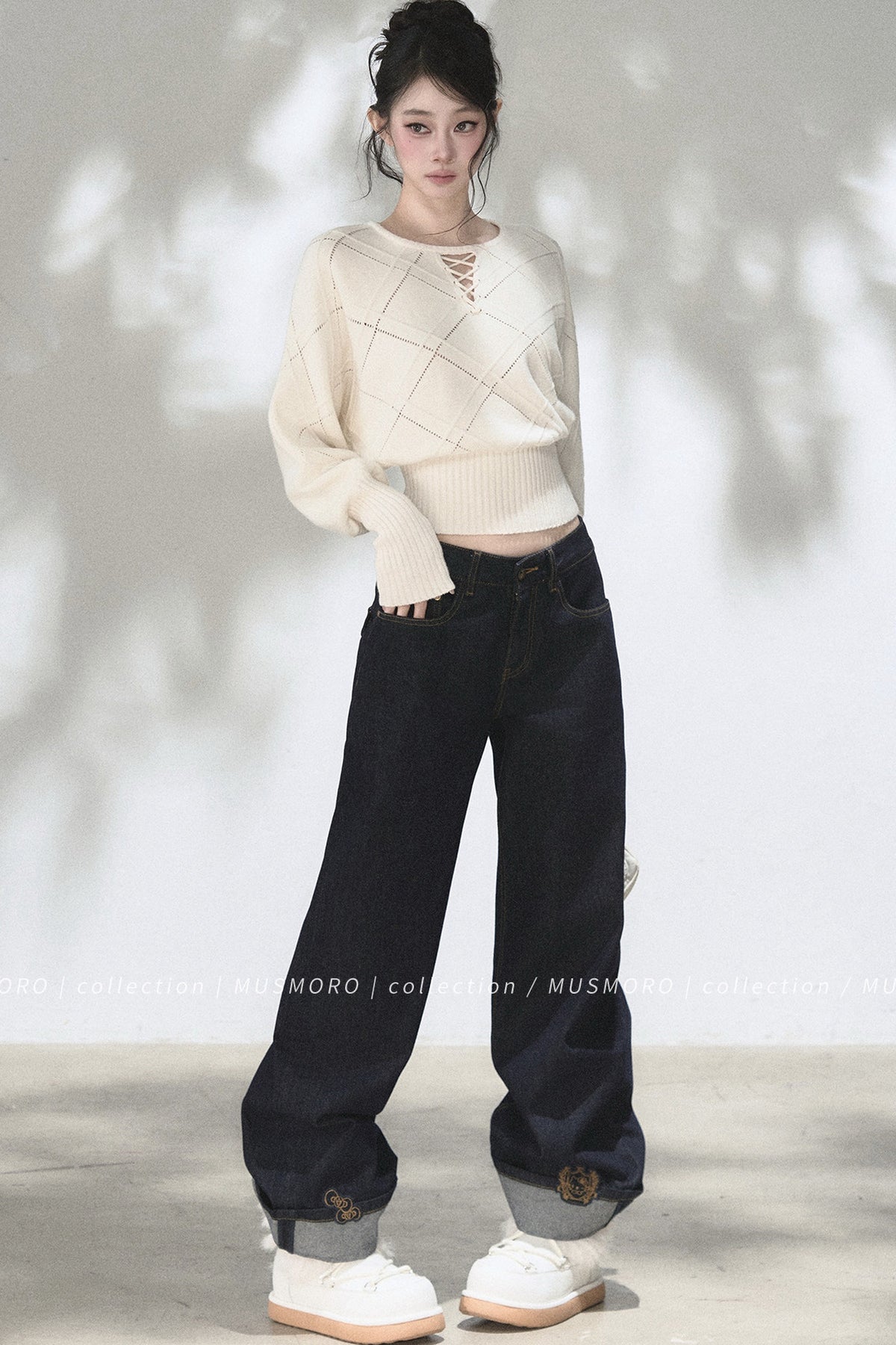 Embroidered Cat Raw Denim Jeans