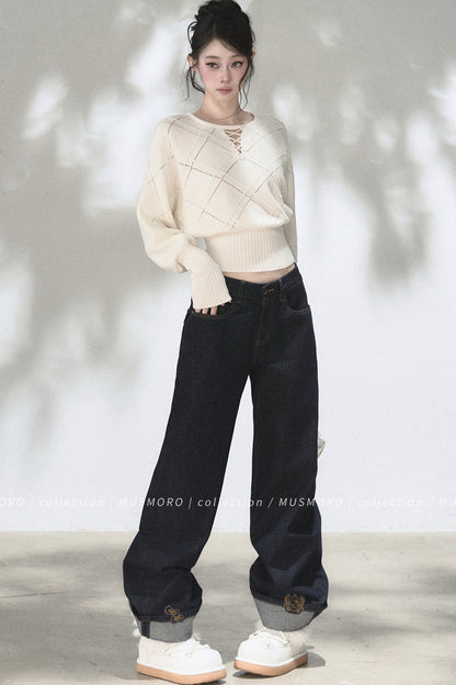 Embroidered Cat Raw Denim Jeans