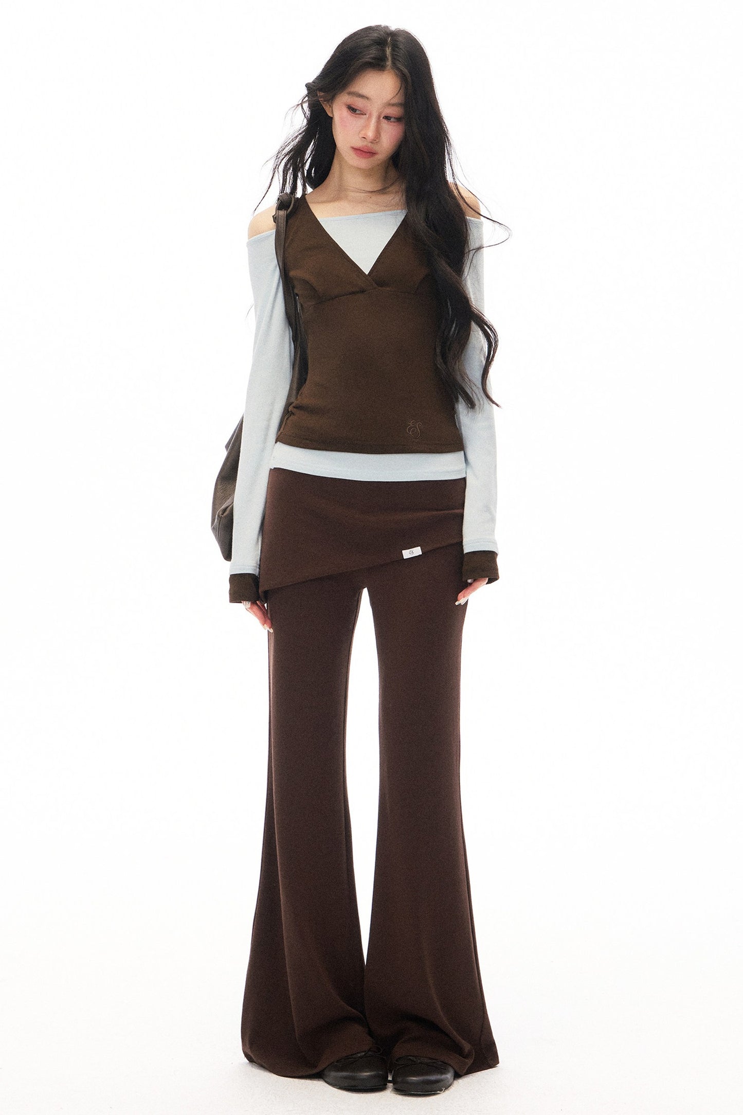One-Shoulder V-Neck Long-Sleeve T-Shirt and Pants Set-Up