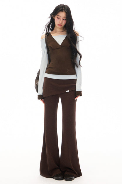 One-Shoulder V-Neck Long-Sleeve T-Shirt and Pants Set-Up