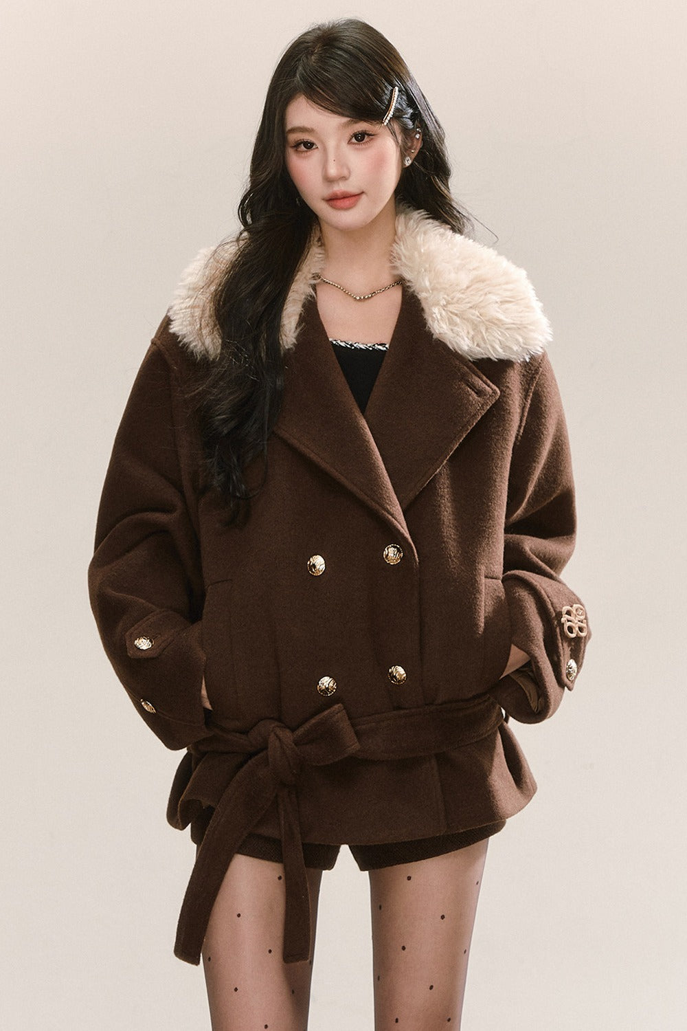 Classic Patchwork Fur Collar Woolen Coat