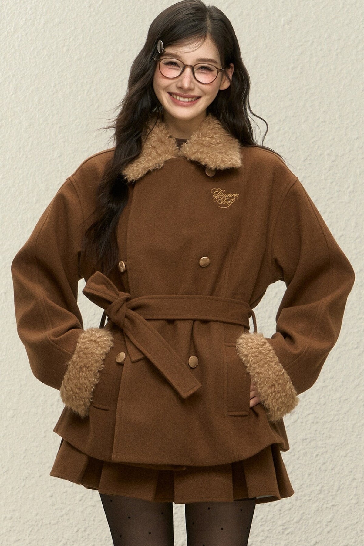 Brown Plush Coat and Short Skirt Set-Up