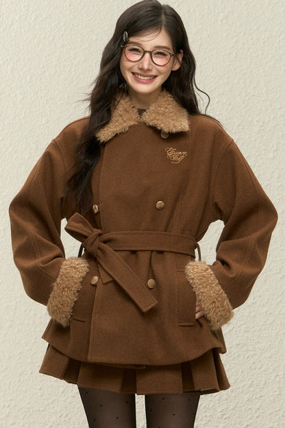 Brown Plush Coat and Short Skirt Set-Up