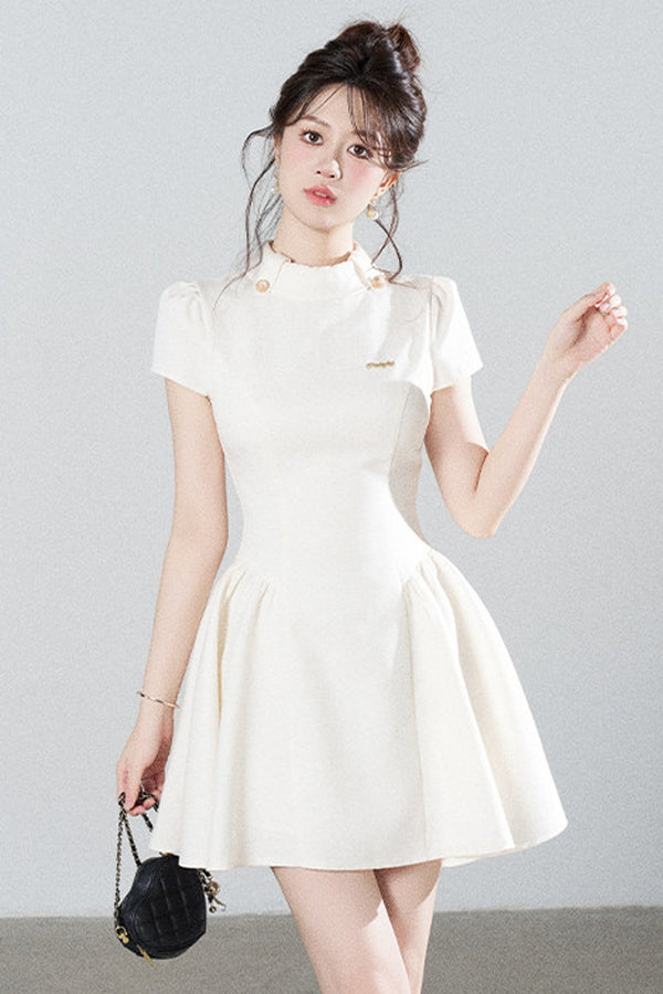 White Waist-Cinching A-Line Dress