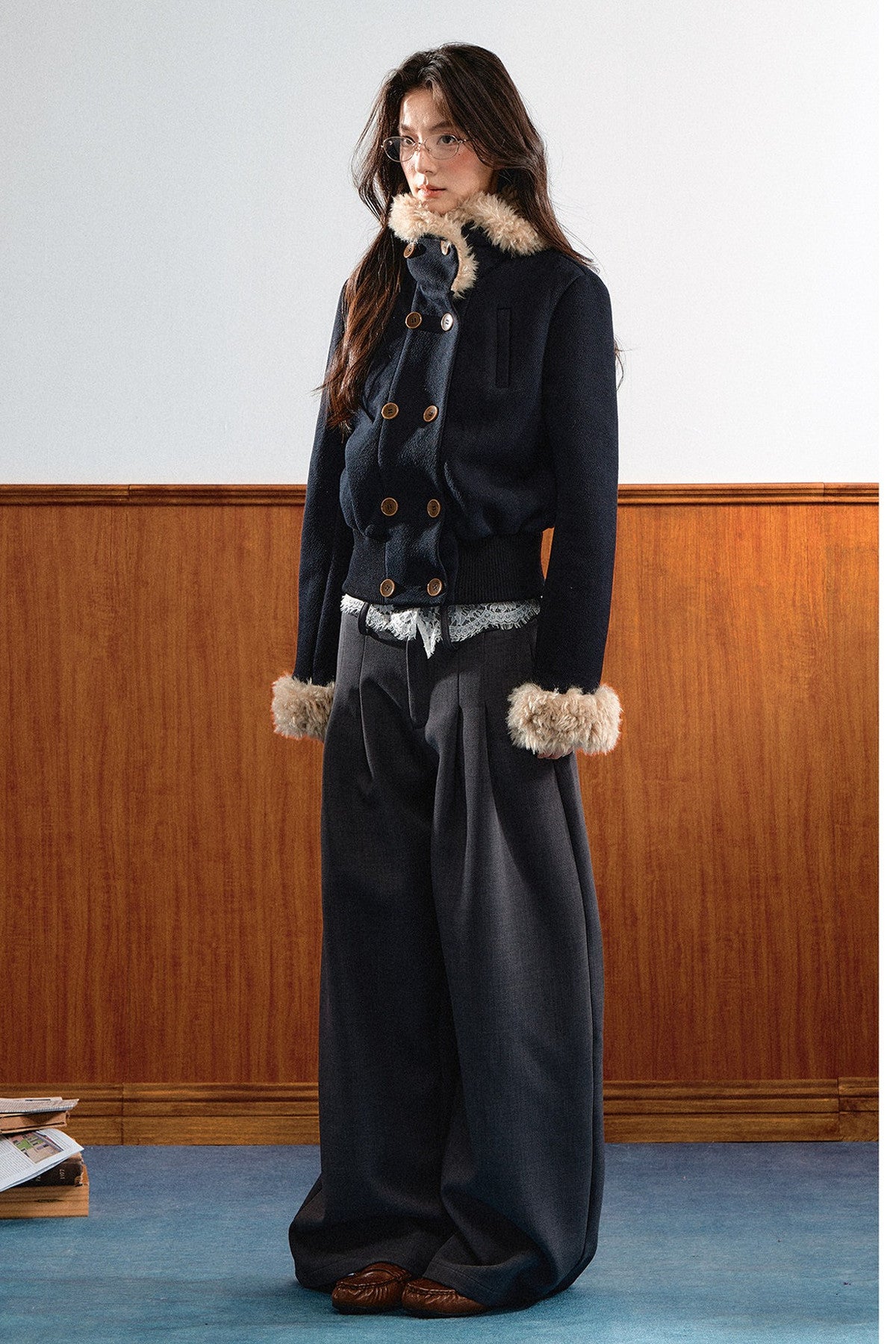 Double-Breasted Fur Trim Jacket